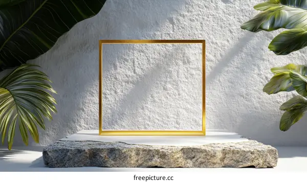 Empty Gold Frame Display Stand Against a Stone Wall