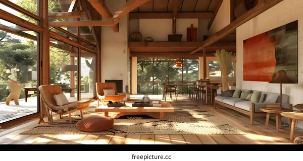 Modern Minimalist Living Room Interior Design with Wooden Beams and Large Windows