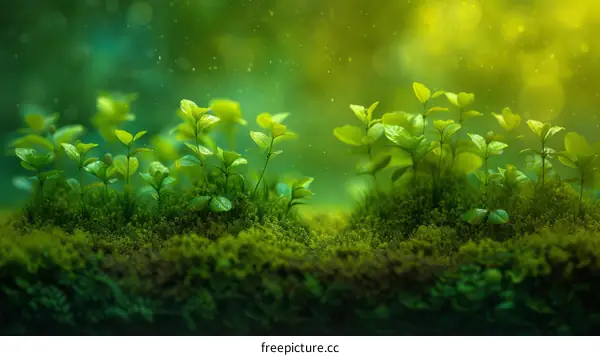 Close-up of green plants thriving amidst the forest with a blurred backdrop