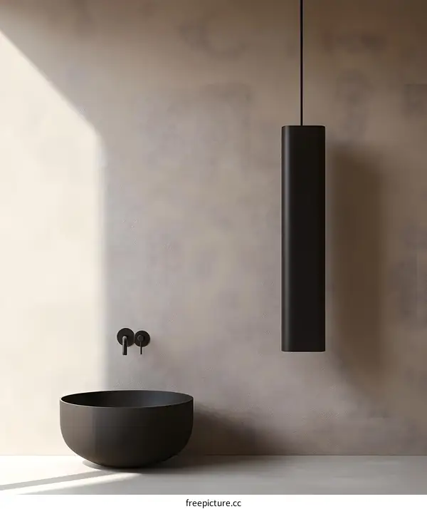 Minimalist Bathroom Interior Design with Black Sink and Pendant Light