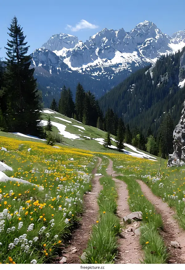 The path through the lush green mountain meadow