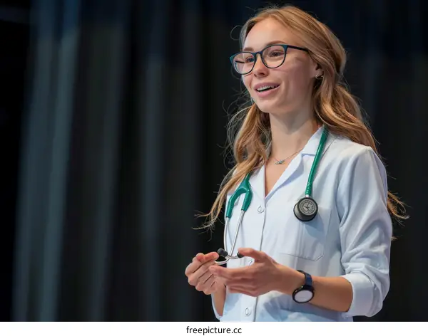 Young female doctor in white coat with stethoscope around neck giving presentation during medical conference