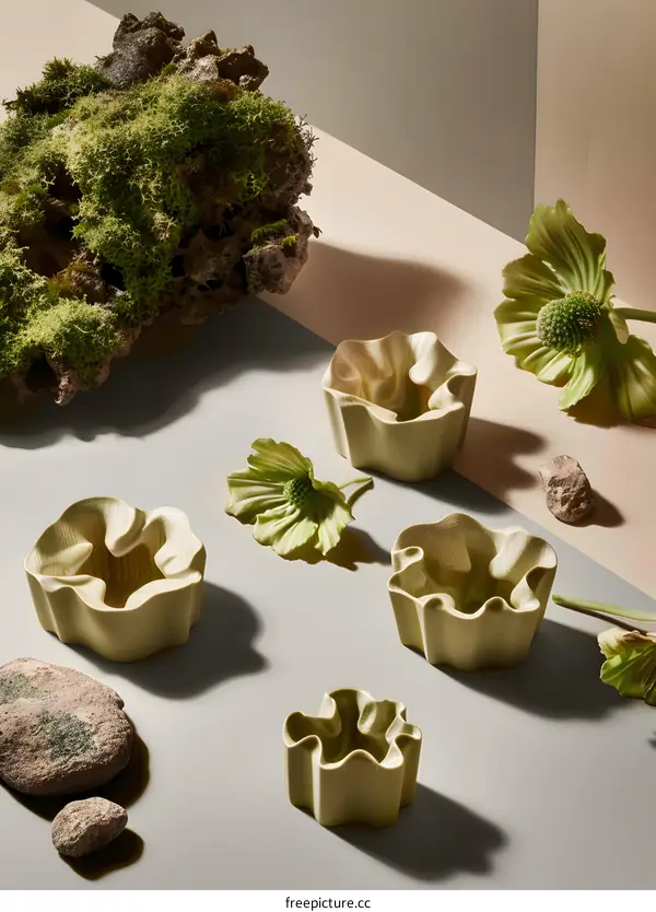Green Ceramic Bowls with Stones and Flowers Still Life