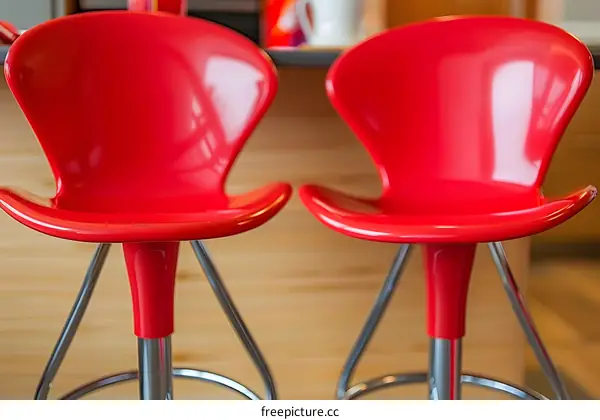 Two Red Kitchen Bar Stools with Chrome Bases