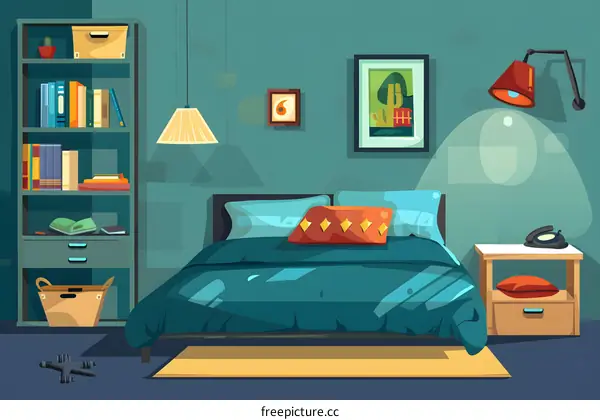 Cozy Blue Bedroom Interior Design With Bookcase and Bedside Table