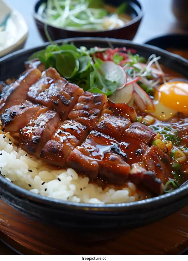 A delicious Japanese dish with beef, rice and egg