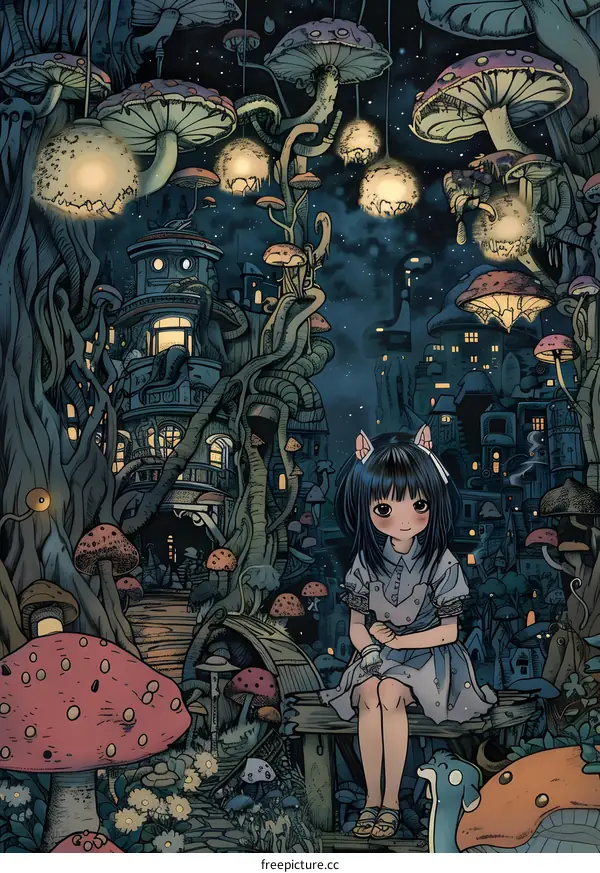 Fantasy Illustration of a Girl Sitting in a Mushroom Forest