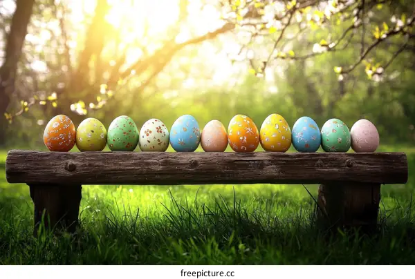 Easter Eggs on a Wooden Bench in a Spring Garden