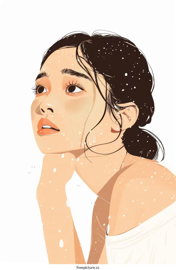 A beautiful girl with long dark hair and brown eyes is looking up with her hand on her chin.