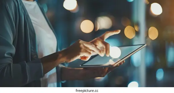 Businesswoman using a tablet in the dark