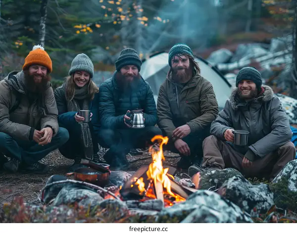 Bearded men and women camping in the woods