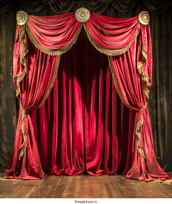 Red Velvet Stage Curtain With Golden Tassels