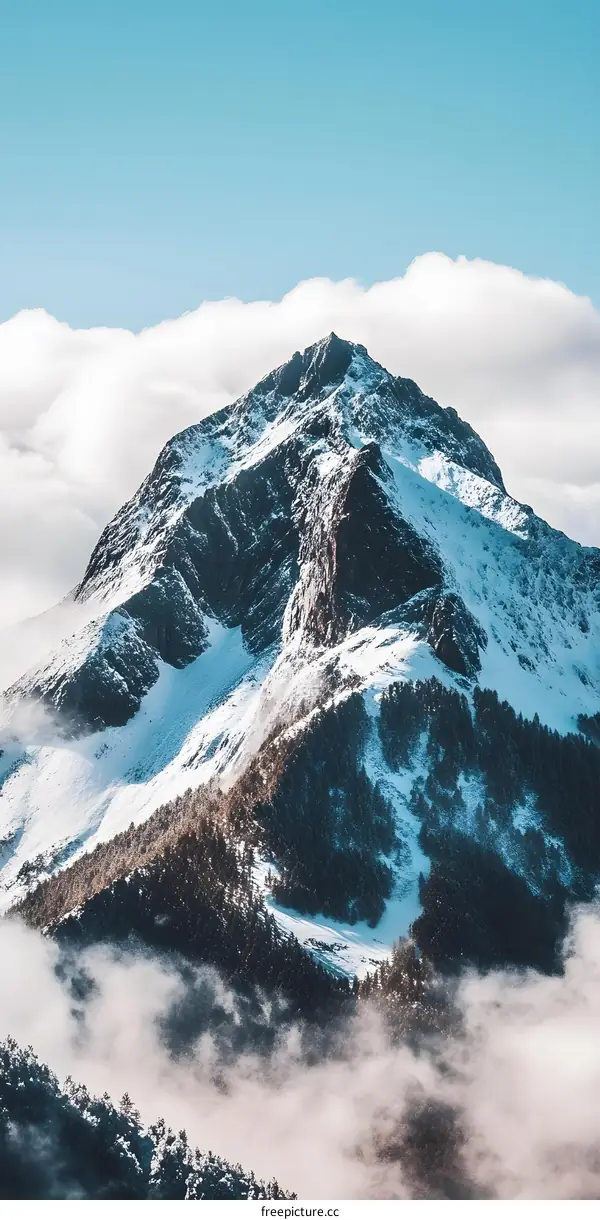 Snowy Mountain Peak Emerging from Clouds