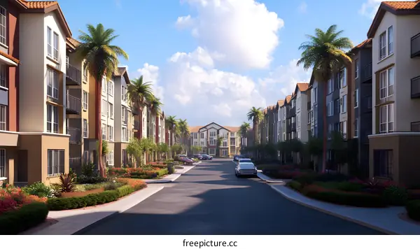 Modern Apartment Buildings With Palm Trees