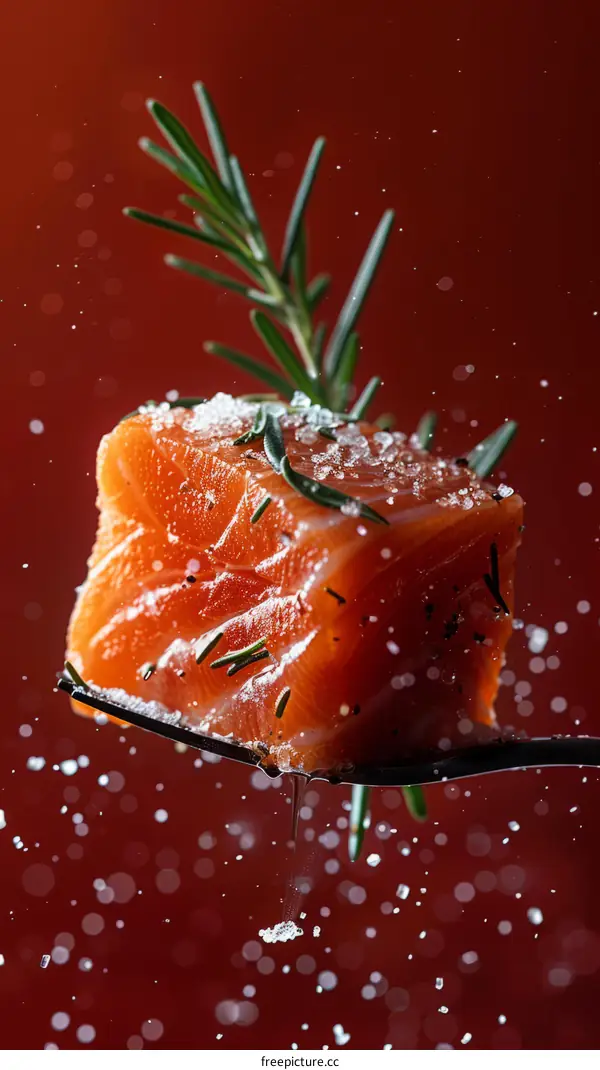 A piece of raw salmon fillet with a sprig of rosemary on a fork