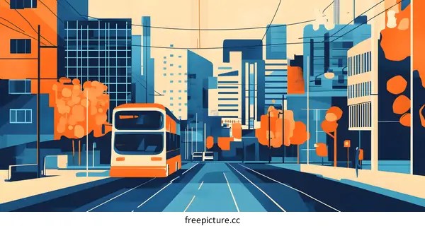 Modern City Street Illustration with Double Decker Bus