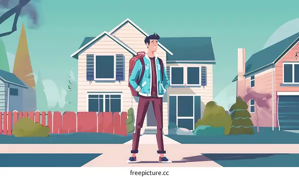 Young Man Standing in Front of Suburban Home