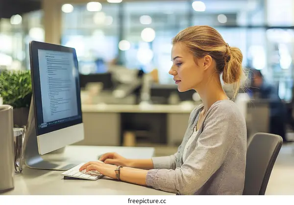 Woman Working at a Computer in an Office