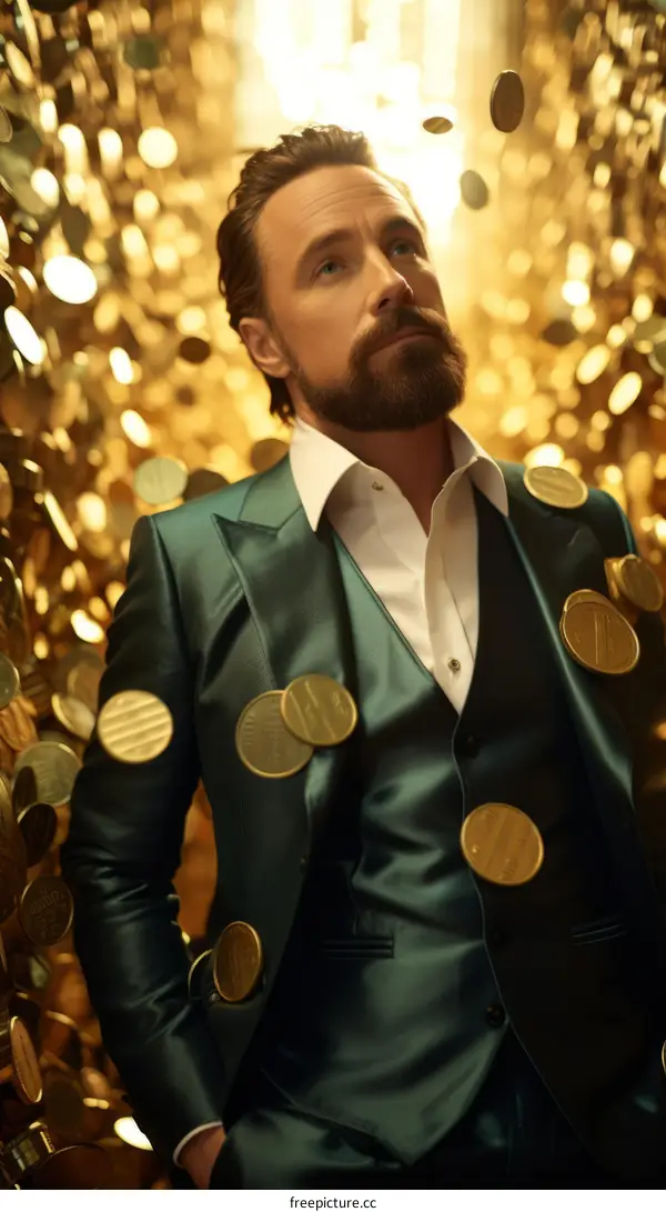A Wealthy Man in a Green Suit Standing in a Room Full of Gold Coins