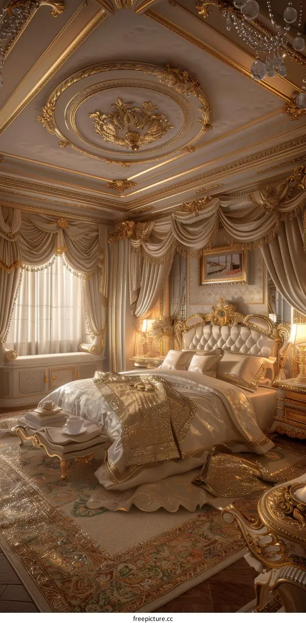 Luxurious Bedroom Interior Design With Golden Details And White Bedding