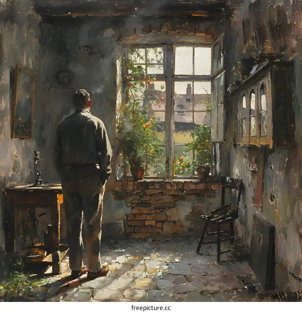 Man looking out the window