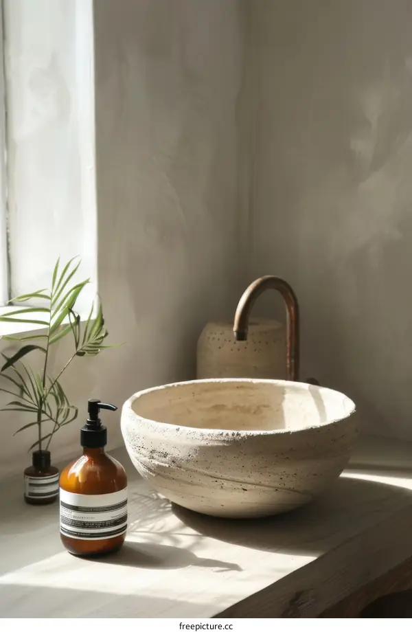 A ceramic washbasin sits on a wooden shelf in a sunlit bathroom