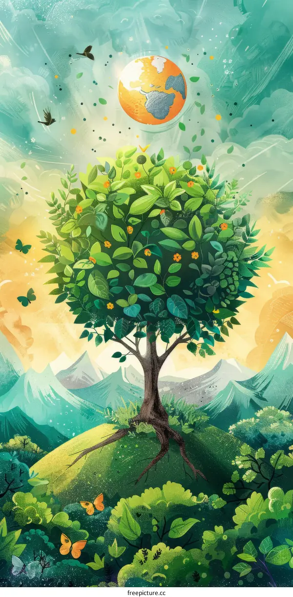 Illustration of a tree with a globe on top of it