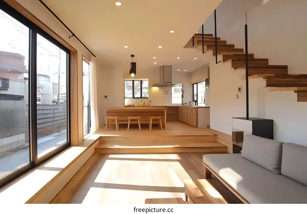 Modern Minimalist Home Interior Design With Wooden Flooring and Staircase