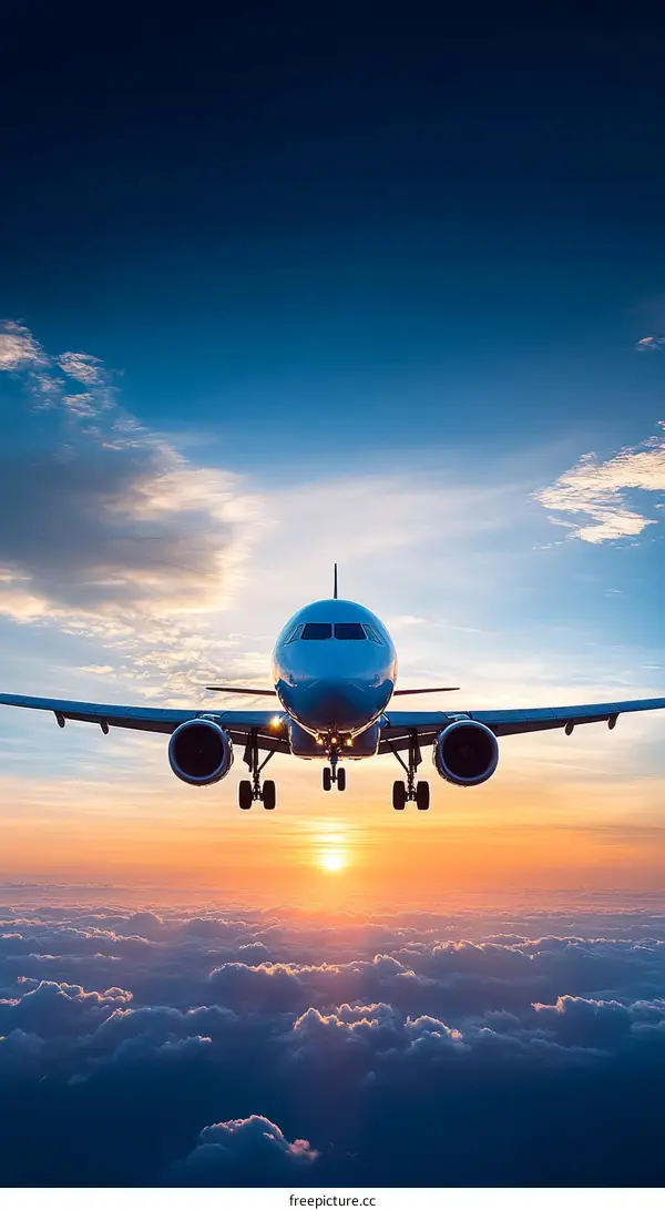 Airplane Landing Above Clouds at Sunset