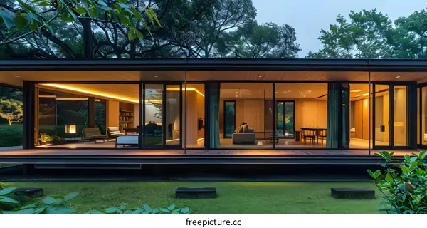 Modern Wooden House with Glass Walls and Patio