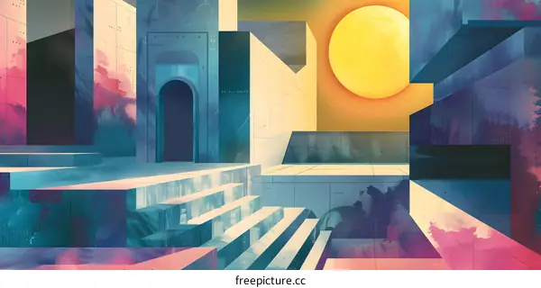 Abstract Illustration of Geometric Shapes in a Futuristic Setting with a Large Yellow Circle