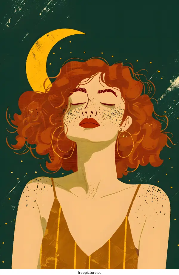 Woman With Red Hair and Freckles Under a Crescent Moon