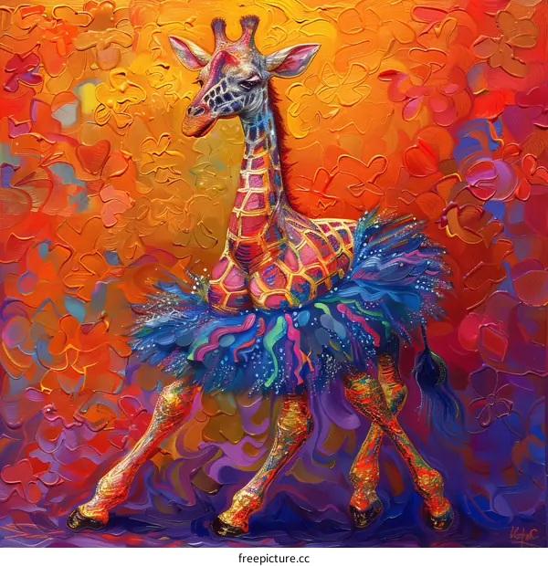 A Vibrant Giraffe Adorned in a Blue and Purple Tutu