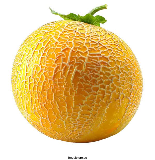 [Transparent Background PNG]A large yellow cantaloupe melon with green stem and leaves isolated on white background