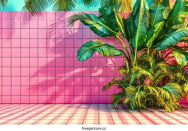 Tropical Plants and Pink Tiled Wall