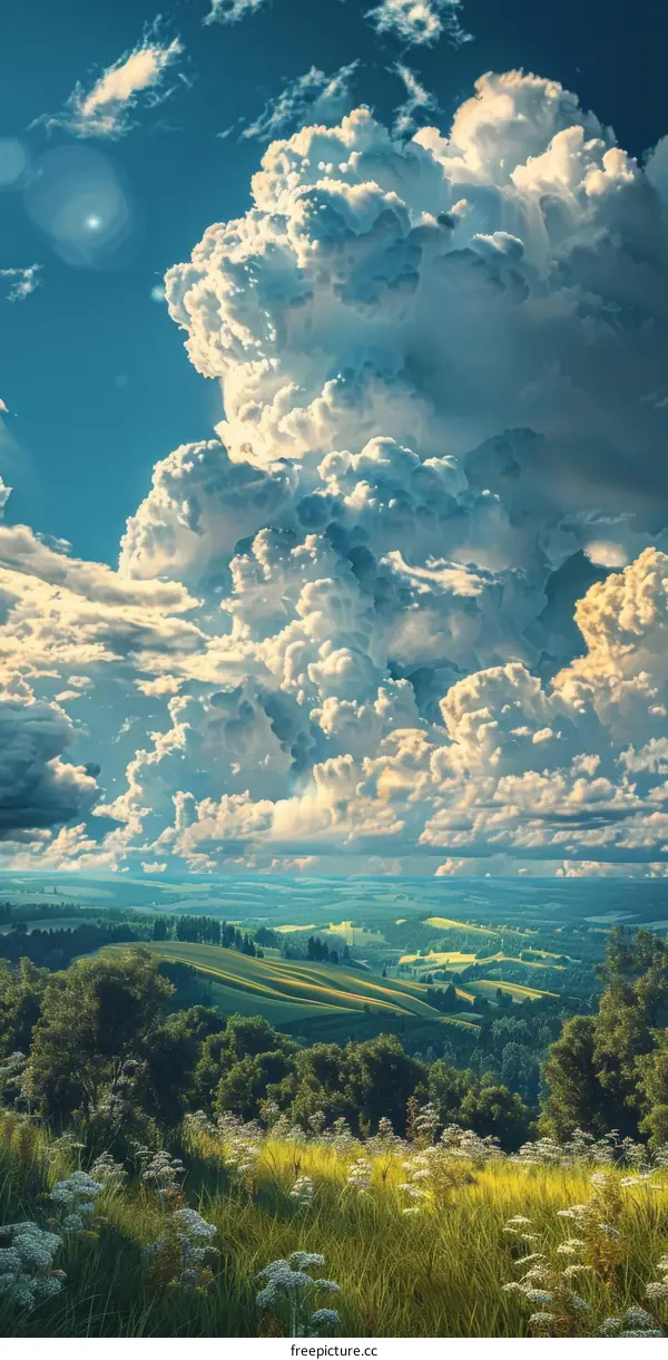 Green hills and blue sky with clouds