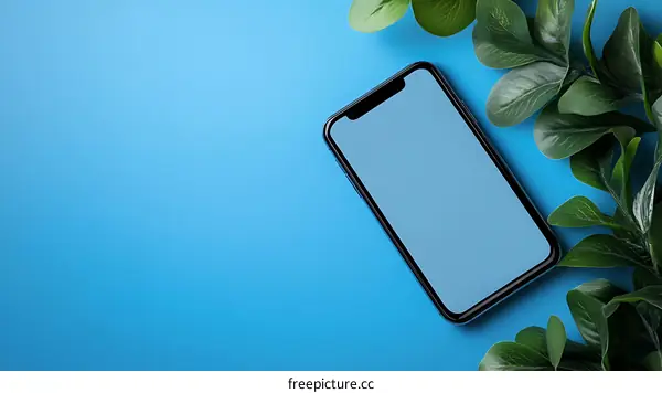 Blue Background with Smartphone and Greenery