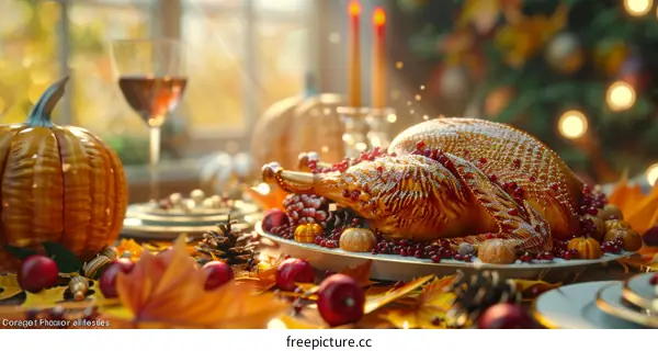 Thanksgiving Dinner Table with Turkey, Pumpkins, and Autumn Leaves