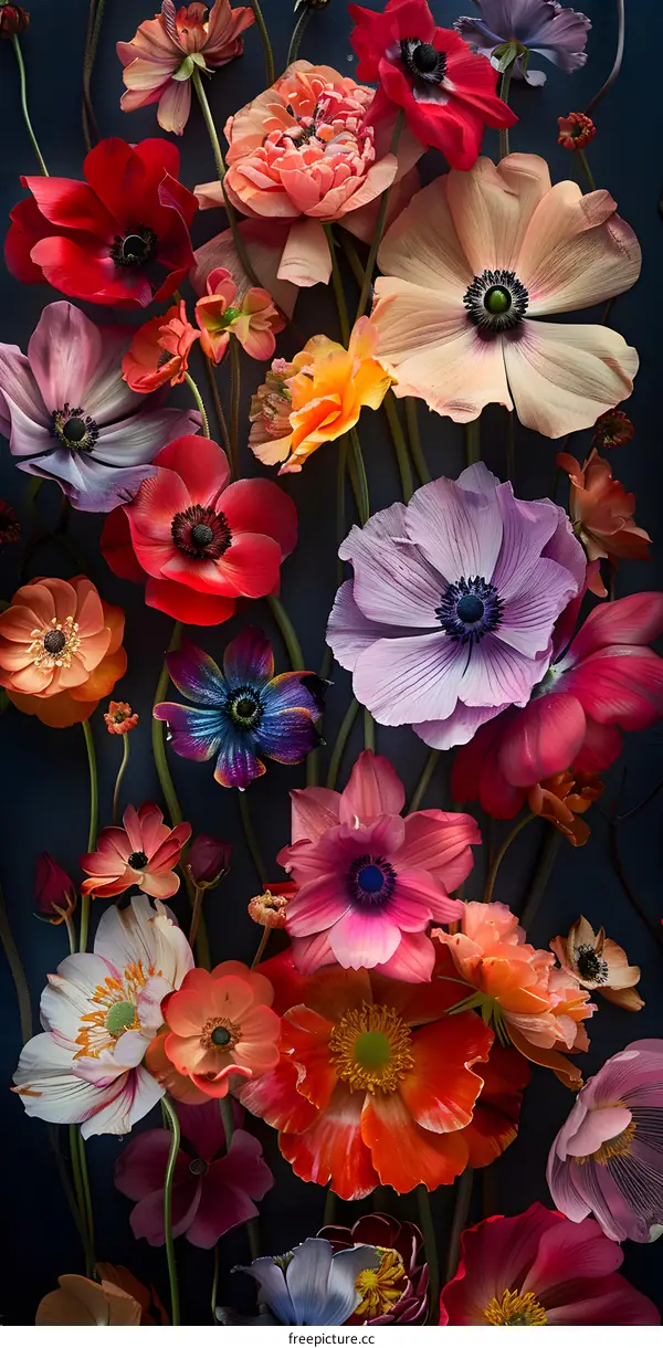 Colorful Flowers Bouquet On Blue Background