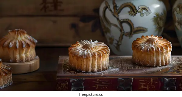 Sweet Pastry on Antique Book with Chinese Characters