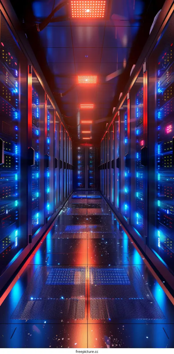 Data Center Server Room With Bright Red and Blue Lights