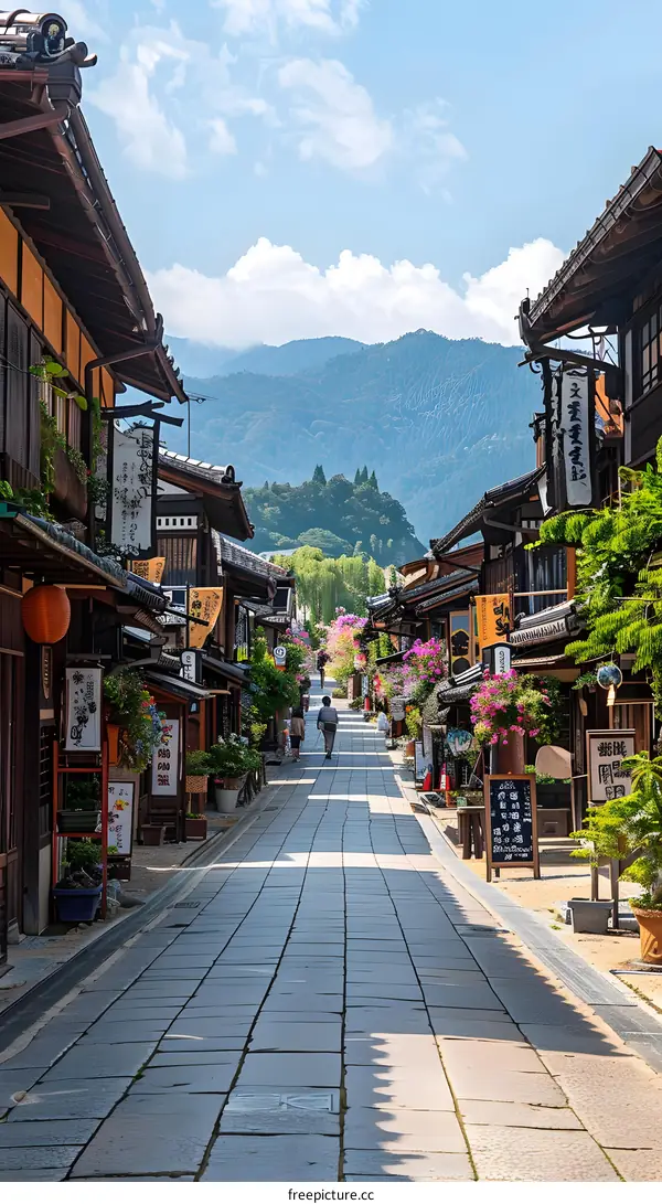 A traditional Japanese street with wooden houses and a mountain in the background