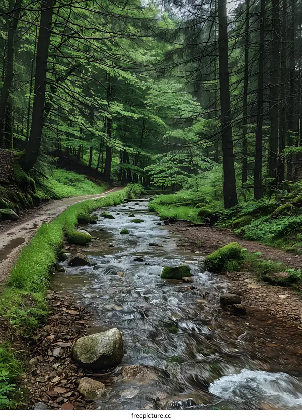 Forest Stream Flowing Through Lush Greenery