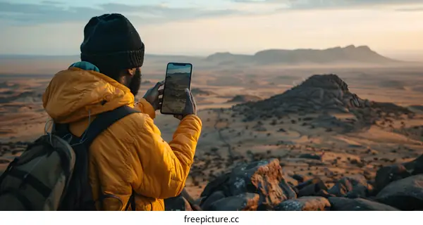 Man Taking a Photo of the Desert Landscape with his Phone