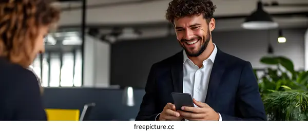 Smiling Man in Suit Looking at Phone in Office
