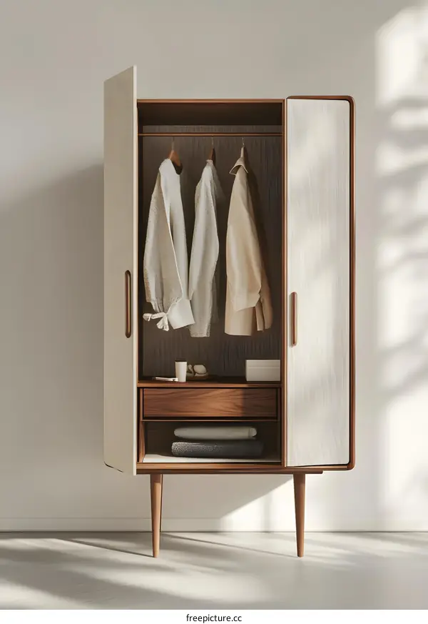 Open Wooden Cabinet with Clothes Hanging Inside