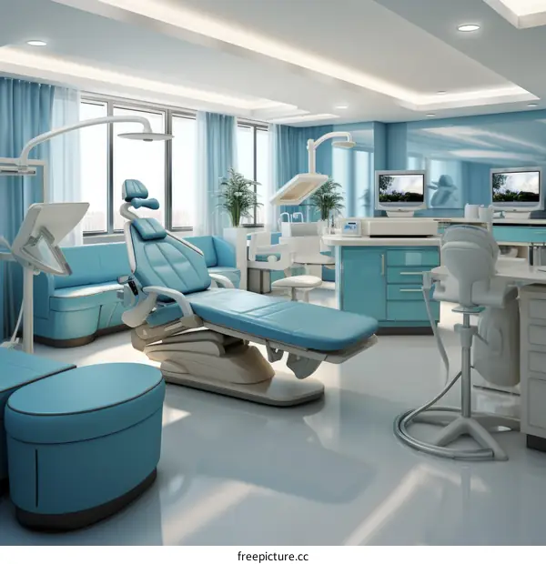 The interior of a dentist's office with a dental chair, sink, and other equipment