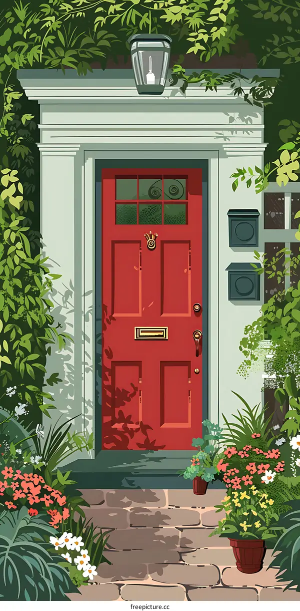 Red Door with Flowers and Vines