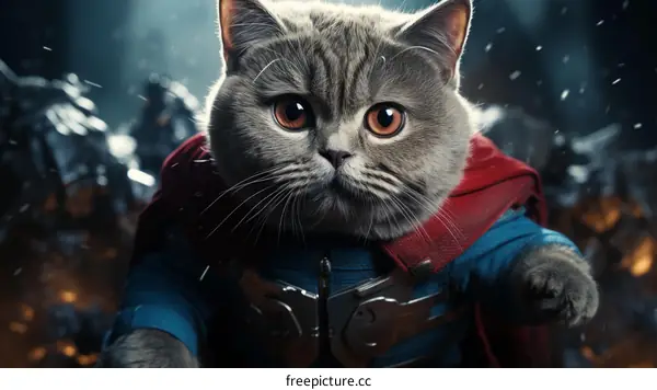 A cute cat wearing a Superman costume