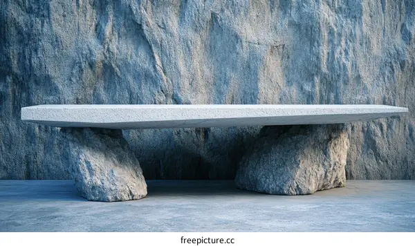 Modern Concrete Bench Against Rocky Wall